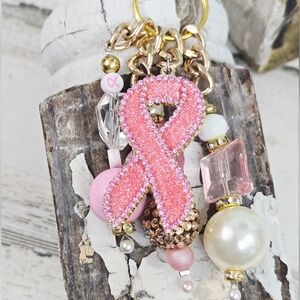 Handmade Pink & Gold Ribbon Keychain / Purse Charm - Breast Cancer